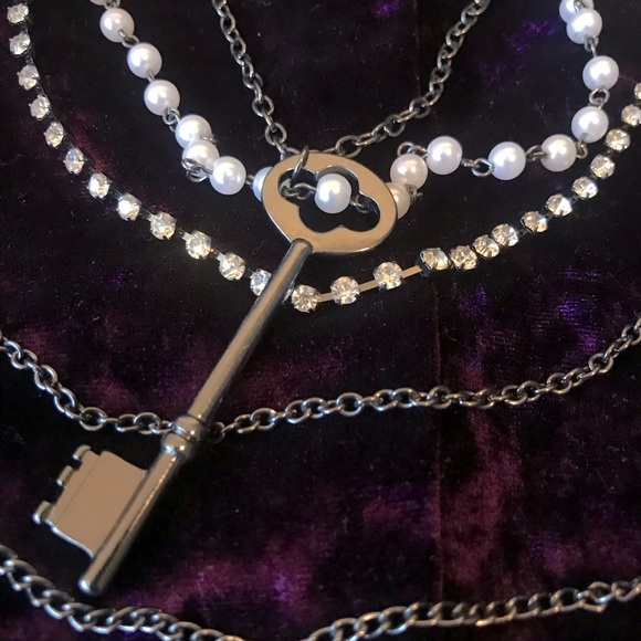 Long Layered Necklace with Pearl, Rhinestone, and Key Detail - Picture 2 of 5